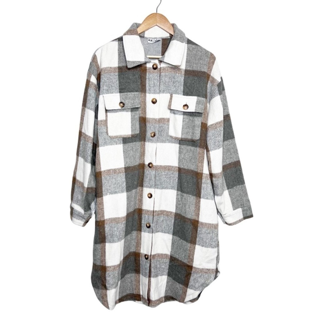 KatyDID Womens Plaid Shacket Long Sleeve Button Down Oversized‎ Shirt Jacket